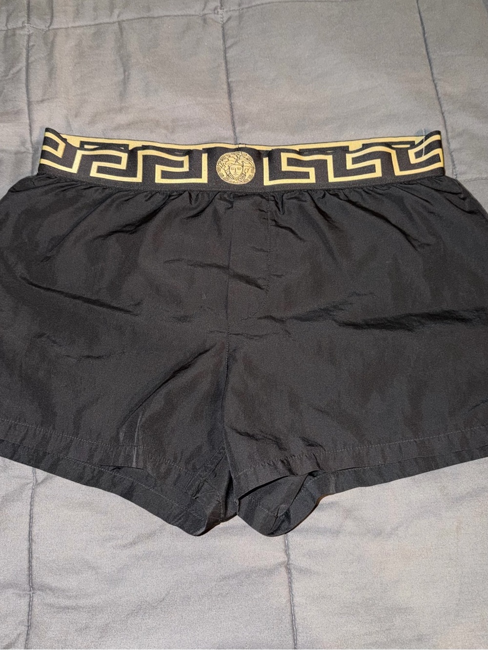 Versace Black Authentic Shorts with Gold Greek Key Waistband and Medallion